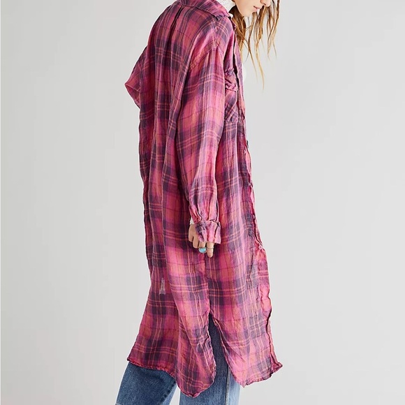 Free People X Cp Shades Womens plaid maxi Top 100% linen in valentine XS - Picture 1 of 11